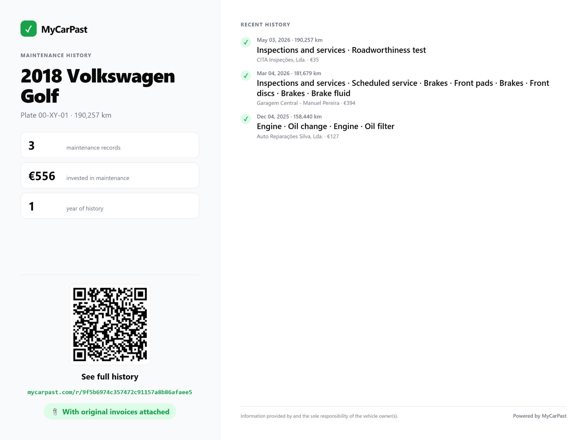Voorbeeld van een openbare MyCarPast historie van een Volkswagen Golf 2018 met 3 onderhoudsbeurten.
